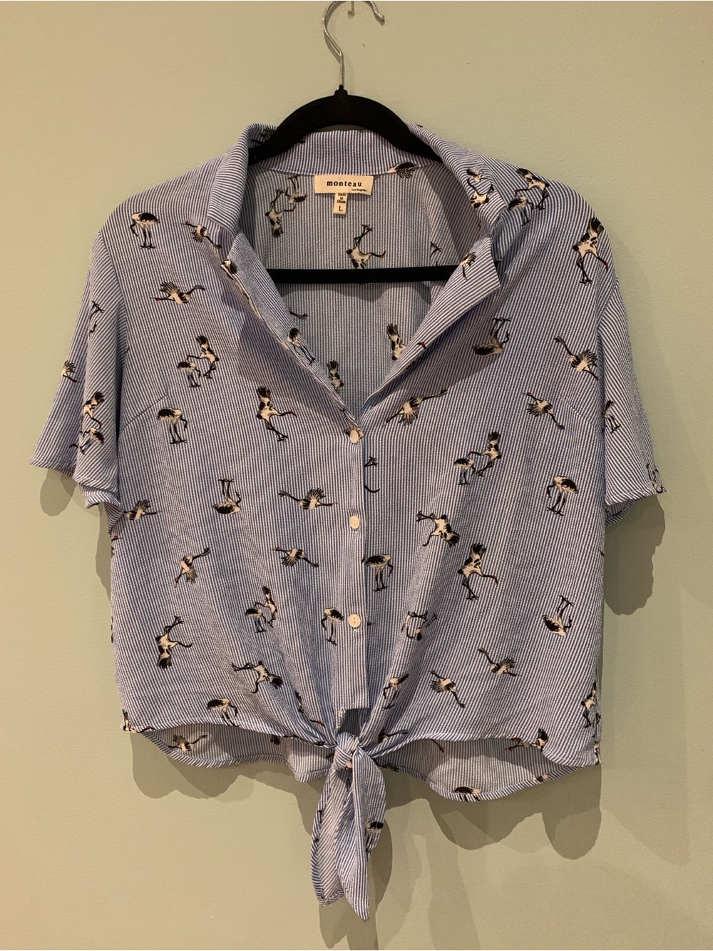 Monteau Light Blue Striped Button-Front Tie Top with Print